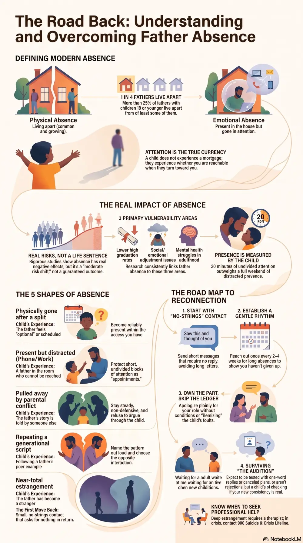 Infographic on the absent father: the two meanings of absence, the real but limited effects the research supports, the shapes absence takes, and the step-by-step path back to reconnection