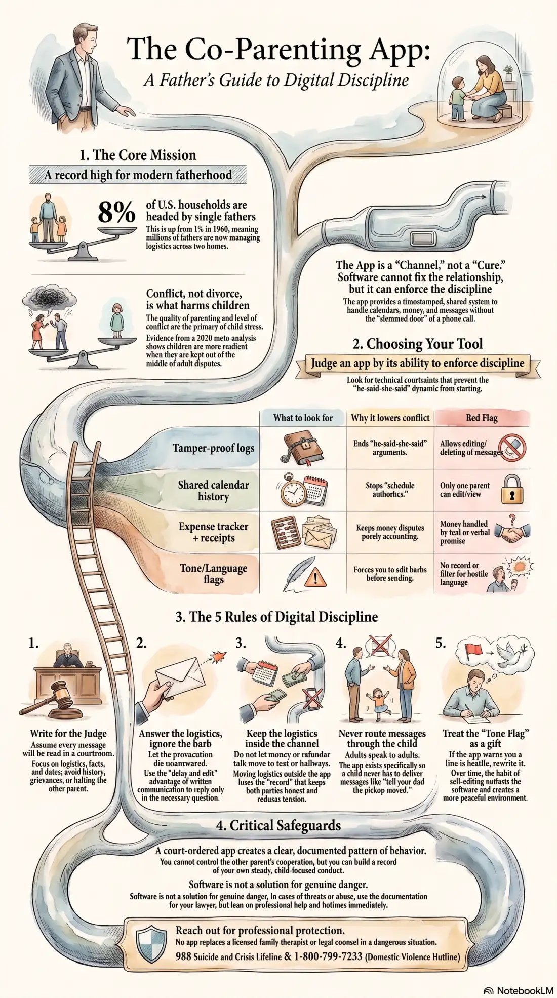Infographic of how to choose and use a co-parenting application: the four capabilities that lower conflict, the five habits that keep the channel clean, and the safety line no app crosses