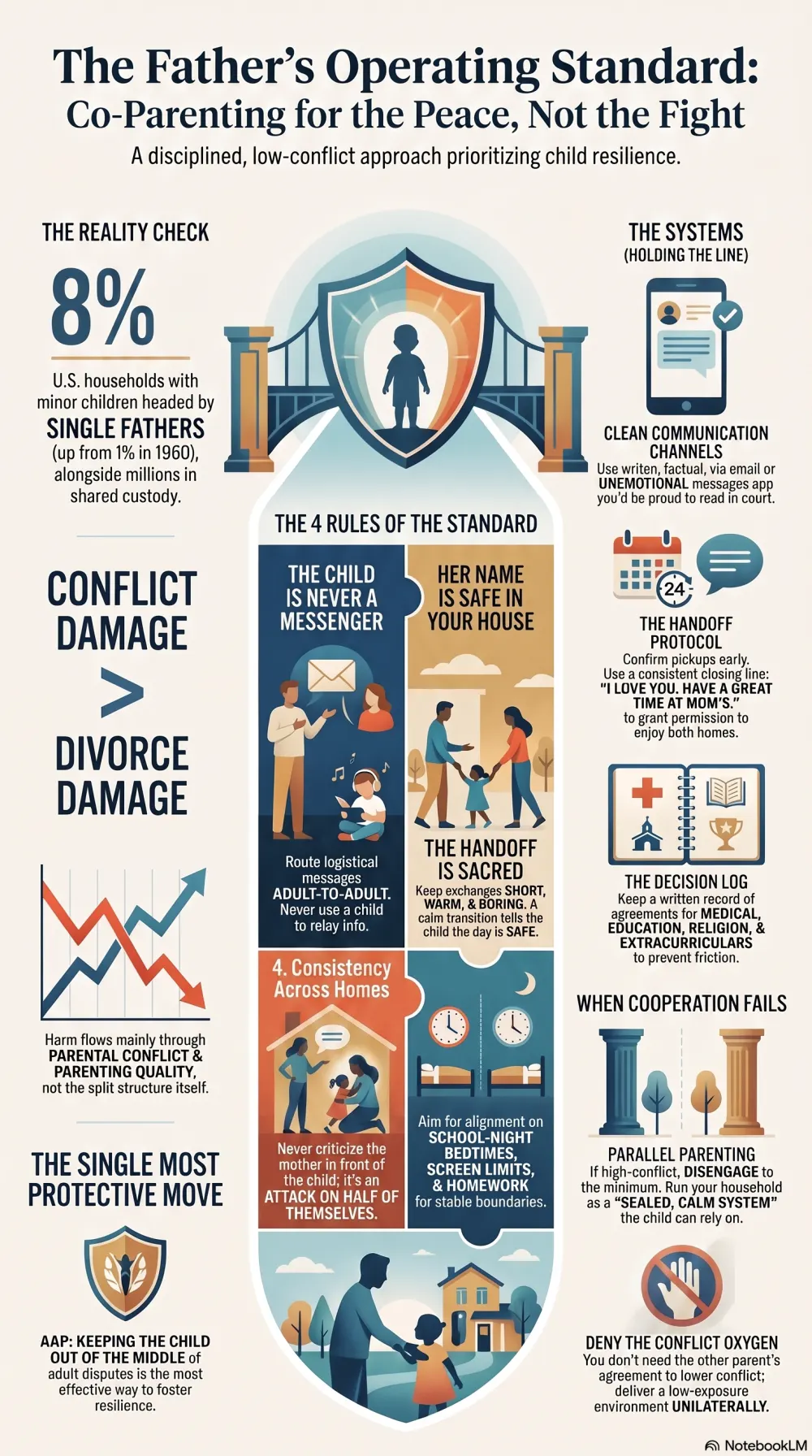 Infographic of the father's co-parenting operating standard: the four rules, the systems that hold them, and parallel parenting when cooperation fails