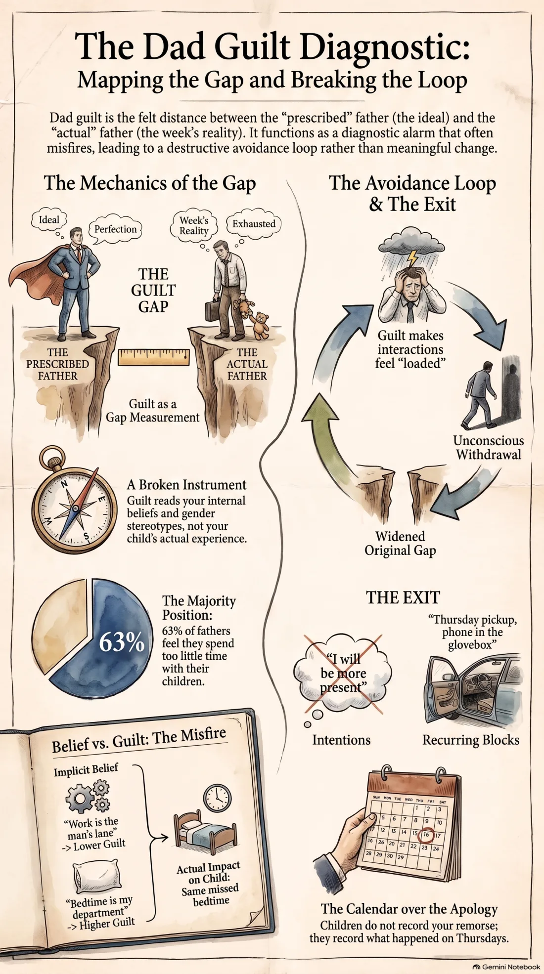Infographic on dad guilt: the gap between the prescribed and actual father, why reported guilt is a poor instrument, and the guilt to avoidance loop