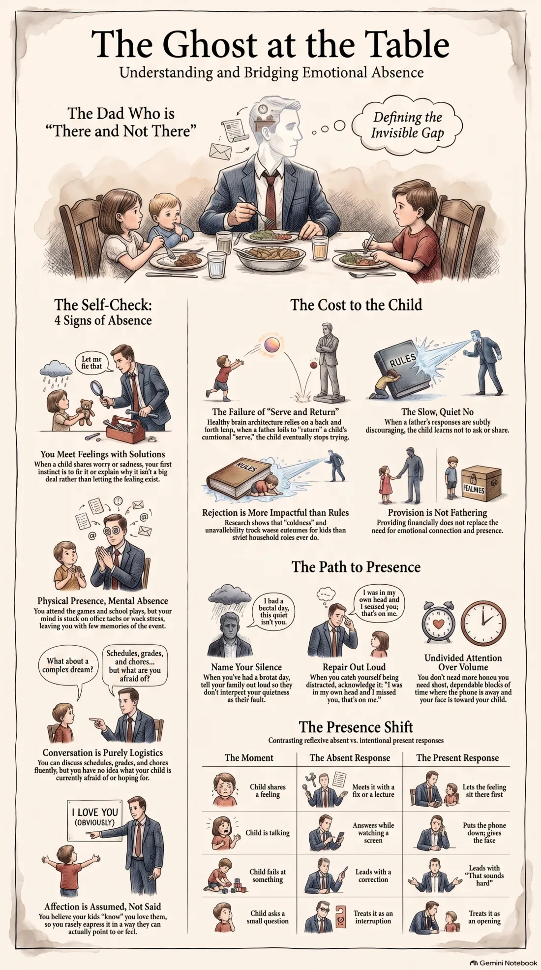 Infographic summarizing what an emotionally absent father is, how to recognize the pattern, what it does to a child, and how to become emotionally reachable again