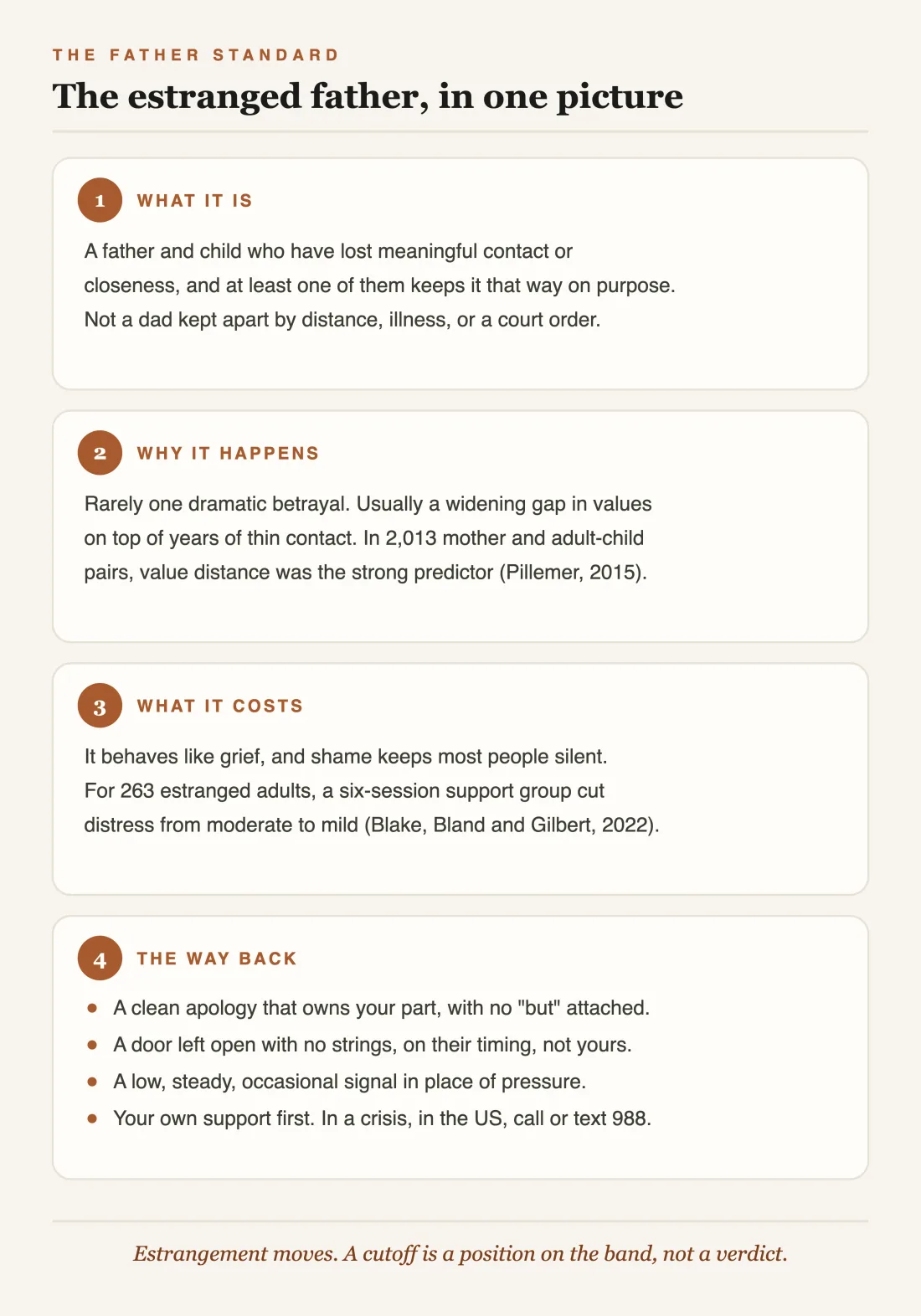 Infographic summarizing what an estranged father is, why estrangement happens, what it costs, and how a father can begin to reconnect