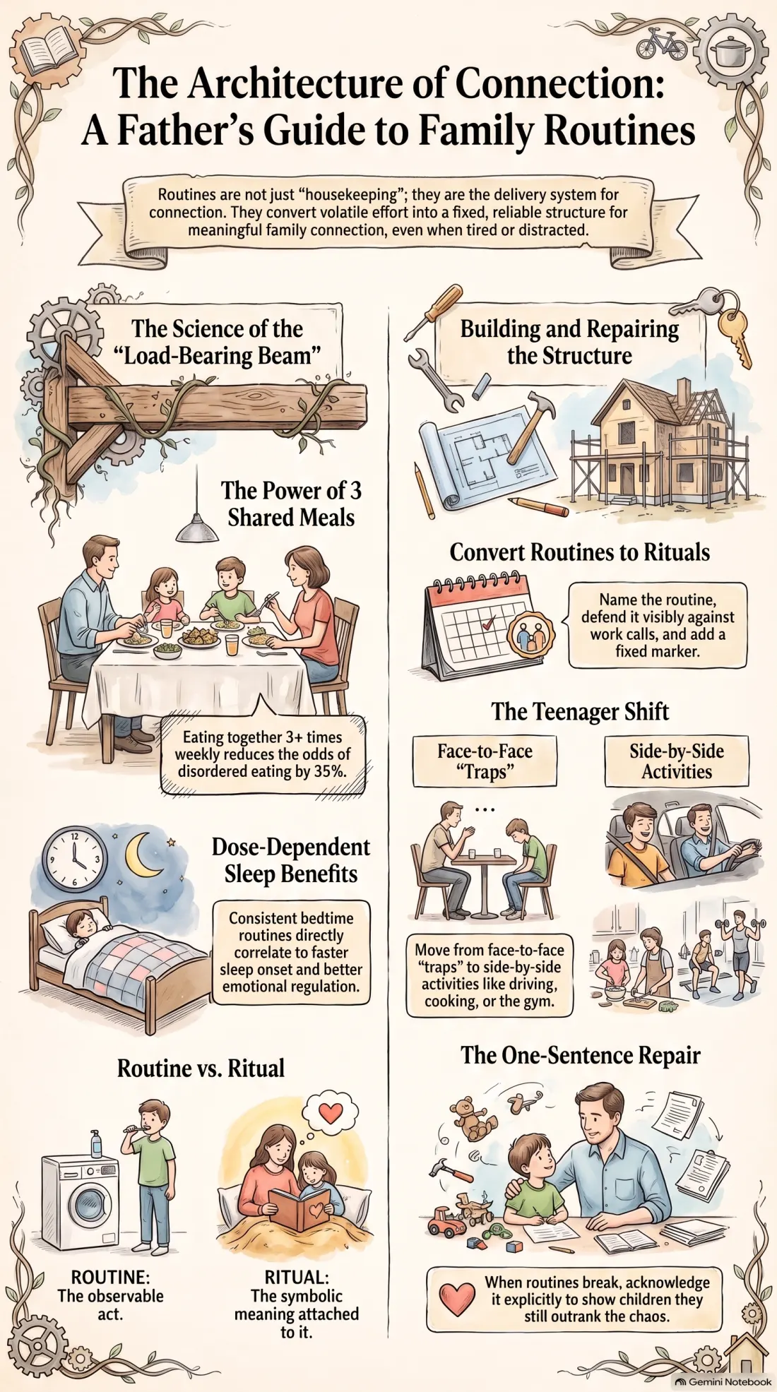 Infographic of family routines: the routine to ritual conversion and the four load-bearing weekly routines