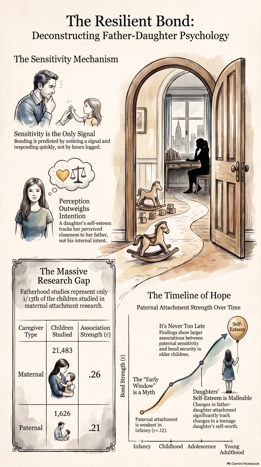 Infographic on father-daughter relationship psychology: the sensitivity mechanism, the research gap between 21,483 children studied for maternal sensitivity and 1,626 for paternal, and the finding that the paternal association is weakest in infancy and larger in older children
