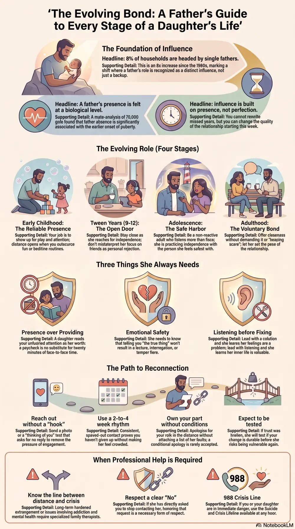 Infographic of the father-daughter relationship: what a present father shapes, how the bond changes across early childhood, tween years, adolescence and adulthood, the three constant needs, and the crisis line where professional help belongs