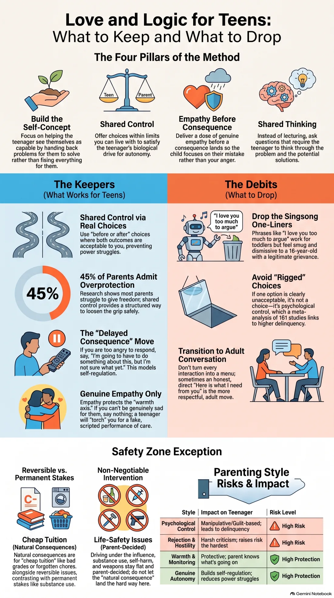 Infographic summarizing which Love and Logic moves to keep, adapt, and drop with a teenager