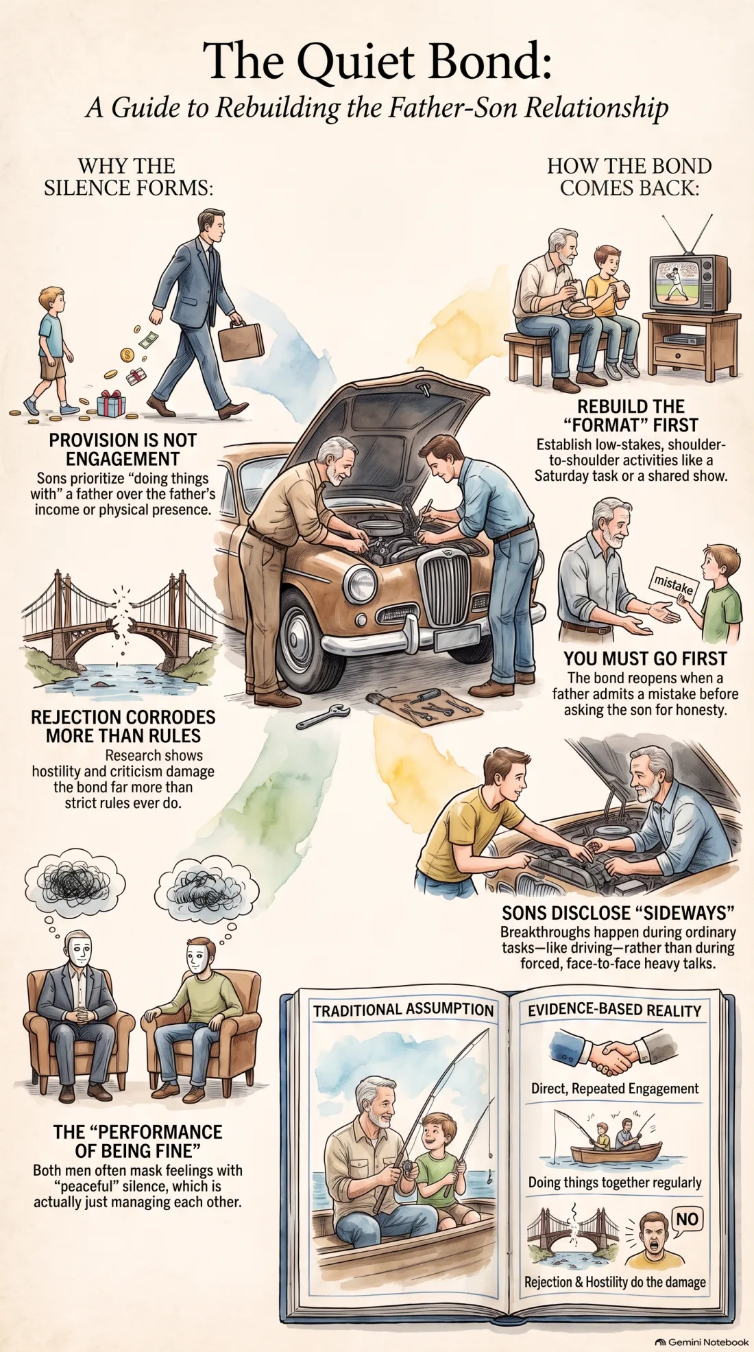 Infographic summarizing what builds and breaks the father and son relationship and how to rebuild it